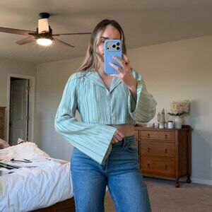 Seafoam Green Satin Pleated Blouse